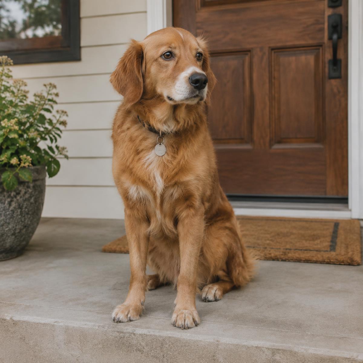 A calm golden dog sitting on a front porch step waiting for a walk
