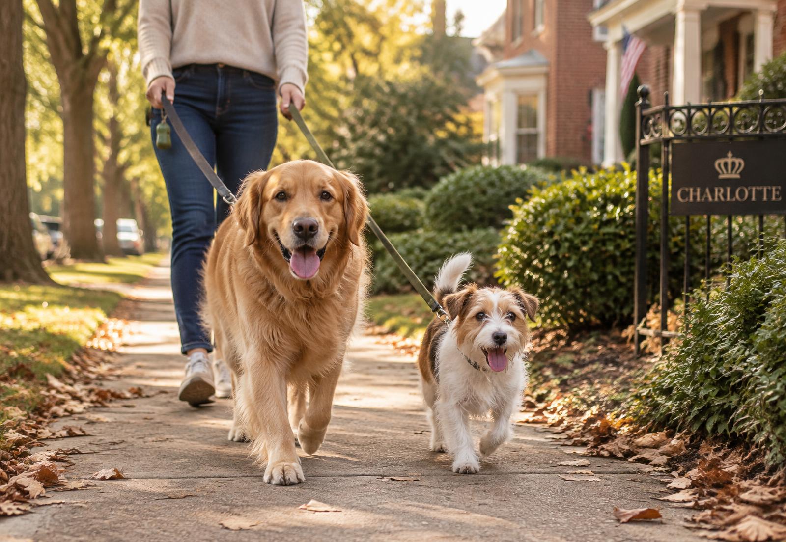 A dog walker leading a golden retriever and a terrier down a tree-lined Charlotte sidewalk